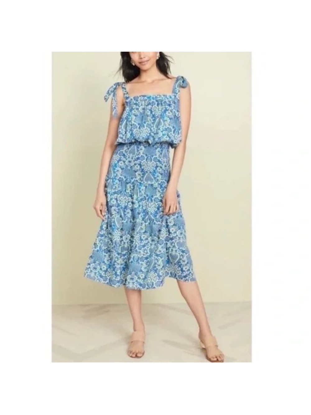 RHODE Blue Floral Tie-Shoulder Midi Dress